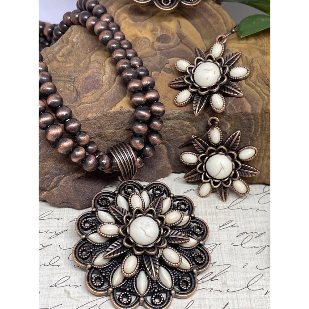 Rose Western Star Copper White Fall Necklace Earring Bracelet Ring SET Southwest - Picture 5 of 16